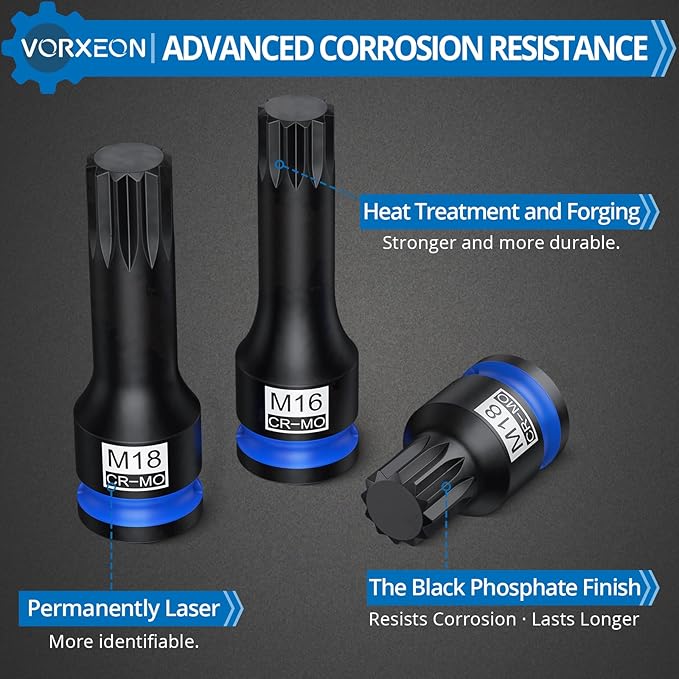 1/2" Drive Triple Square Spline Impact Bit Sockets Long and Short Combinations Set, 6 Pcs XZN Socket 42 Cr-Mo M14 M16 M18 With Storage Case