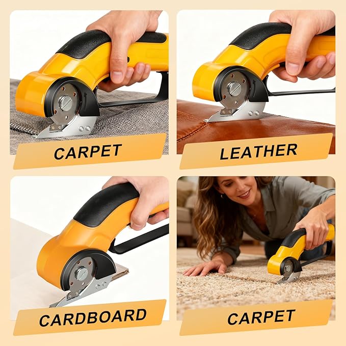 Cordless Electric Scissors Rechargeable with 2-Blade & Storage Bag, Powerful Rotary Cardboard Box Cutter 3.7V 2000mAh for Cloth Carpet Plastic Leather, Charging Cable(Yellow)