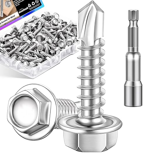 mxuteuk #10횞3/4" Self Tapping Screws,410 Stainless Steel Self Tapping Screws for Metal,Self Drilling Screws,Hex Washer Head Sheet Metal Screws Suitable for Wood, Metal or Tough Materials (145PCS)