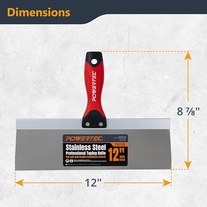 POWERTEC 12 Inch Stainless Steel Drywall Taping Knife, Drywall Application Tools 1 PK (72175)