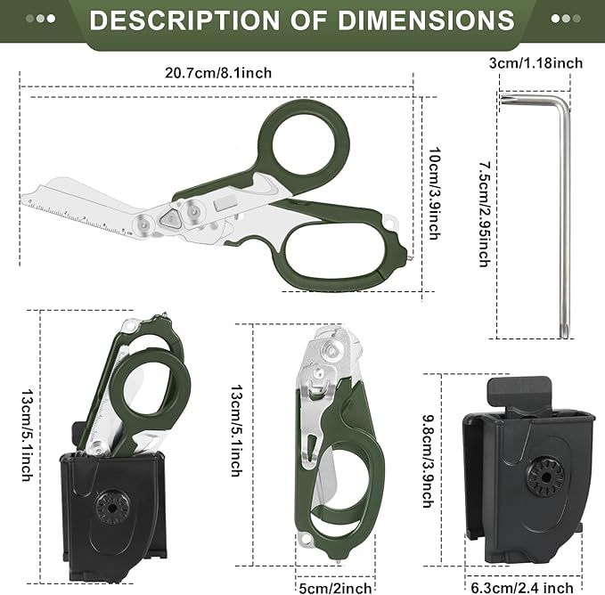 6in1 Multi function Trauma Shears for Nurse EMT(With Holster+Torx Wrench), Stainless Steel Sharp Scissor With Seatbelt/Cord Cutter, Tungsten Window Smasher, Oxygen Tank Wrench And Ring Cutter（Green）