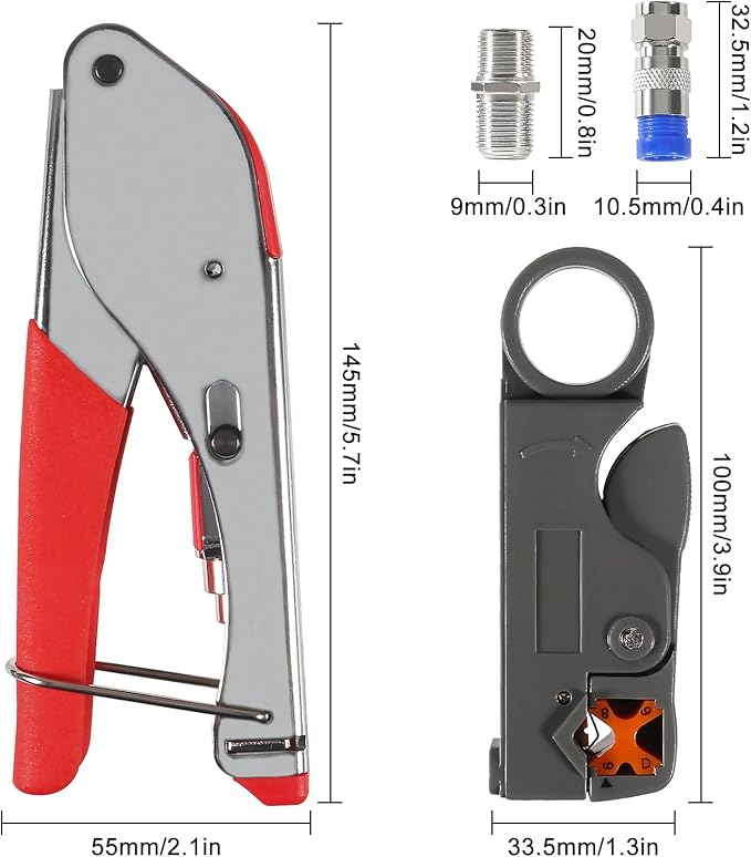ALMOCN Coax Cable Crimper Tool Kit Coaxial Compression Tool Coaxial Cable Stripper with 5PCS RG6 F Type Connector Coaxial Compression Fitting + 5PCS Coaxial Cable Extension Adapter