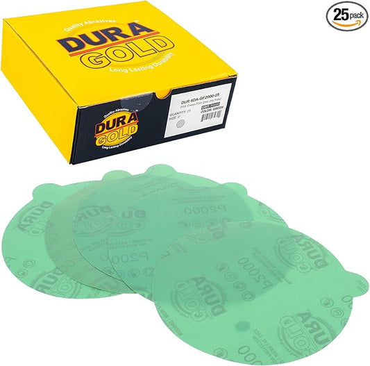 Dura-Gold Premium 6" Green Film PSA Sanding Discs - 2000 Grit (Box of 25) - Self Adhesive Stickyback Sandpaper for DA Sander, Detailing Finishing Cut Abrasive, Sand Automotive Paint Woodworking Wood