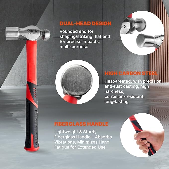 BLACK CANYON Ball Peen Hammer 24 oz – Dual-Head Forged Carbon Steel Ballpeen Hammer with 14” Fiberglass Handle – Durable Metalworking Hammers for Automotive & DIY