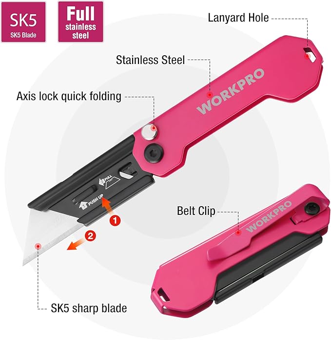 WORKPRO 2PCS EDC Folding Utility Knife, Mini Box Cutter with Quick Open Axis Lock, Quick Change Blade Razor Knife, Foldable Small Pocket Knife with Belt Clip, 2 Packs with 10 Extra Blades