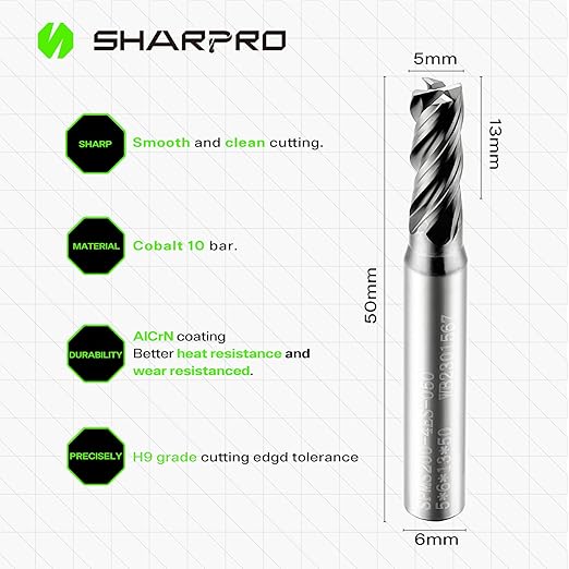 SHARPRO 6mm Shank End Mill 5mm Cutting Dia. 4 Flutes AlCrN Coated Carbide Square CNC End Mills, Apply for Alloy Steel, Stainless Steel, and Various Cast Iron