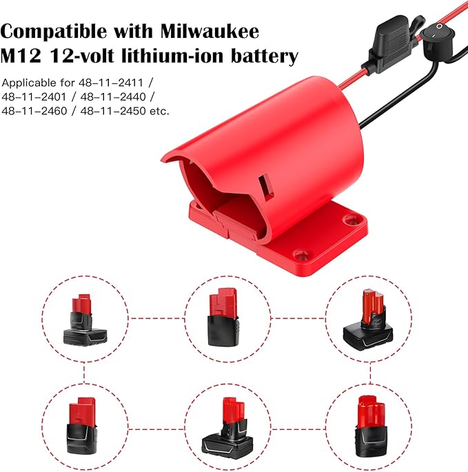 Power Wheel Adapter for Milwaukee M12 Battery Adapter 12V Power Wheel Battery Conversion Kit with Fuse & Switch & Wire Terminals 12AWG Wire for DIY Ride On Truck and Rc Toys