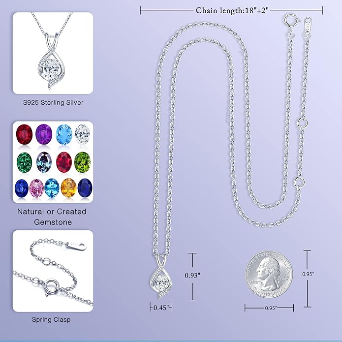 SMILEST Oval Sparkle Birthstone Pendant Necklace, 925 Sterling Silver Gemstone Pendant Anniversary Birthday Gifts for Women Wife Girlfriend Mom Grandma Birthstone Necklace for Women Jewelry Gifts