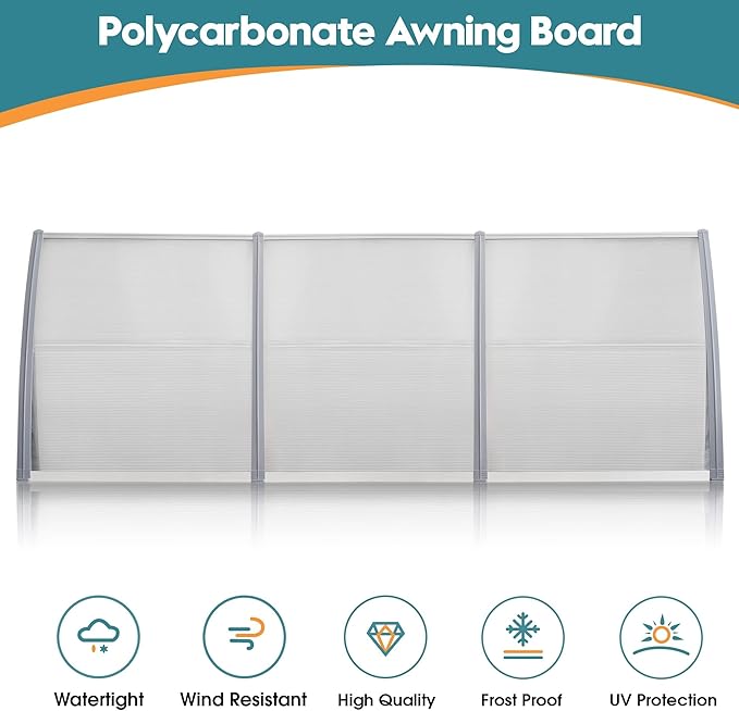 MCombo 116" x 38.6" Window Awning Outdoor Polycarbonate Door Shade Patio Cover Canopy, 6055-4012(Clear Board with Gray Bracket)