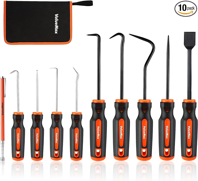ValueMax 10-Piece Precision Hook and Pick Set with Scraper, Magnetic Telescoping Pick Tool, Removal Puller Hooks for Automotive and Electronic Tools, Car Auto Hoses, Oil Seal/O-Rings, Gaskets