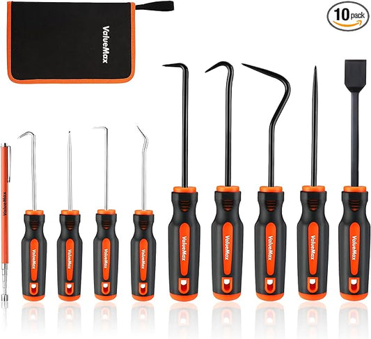ValueMax 10-Piece Precision Hook and Pick Set with Scraper, Magnetic Telescoping Pick Tool, Removal Puller Hooks for Automotive and Electronic Tools, Car Auto Hoses, Oil Seal/O-Rings, Gaskets