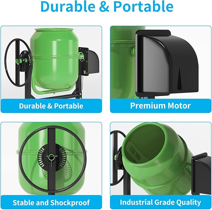 6.0 Cu.Ft. Concrete Mixer, Heavy Duty Portable Concrete Mixer with Wheel & Stand, Electric Cement Mixer Machine with 160L Drum, 120V Motor for Concrete, Mortar,Seeds, and Feed,Green.