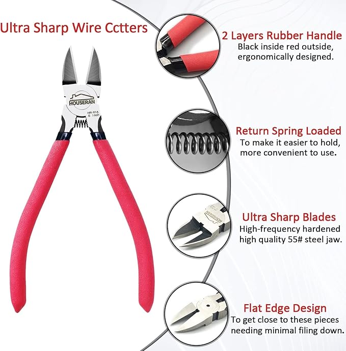Wire Cutters 10 Pack, 6" Dykes Cutteres, HOUSERAN Wire Snips with Non-slip Red Handle, Side Cutter, With Spring Loaded, Flush-Cutter for Artificial Flowers, Crafts, Zip Tie
