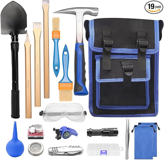 19 PCS Geology Rock Hammer Kit, 24oz Rock Pick Hammer, 3 Digging Chisels, Folding Shovel, Rock Hounding Tools with Brushes, Pocket Knife, Tweezers, Loupe, Goggles,Whistle, Shoulder Bag