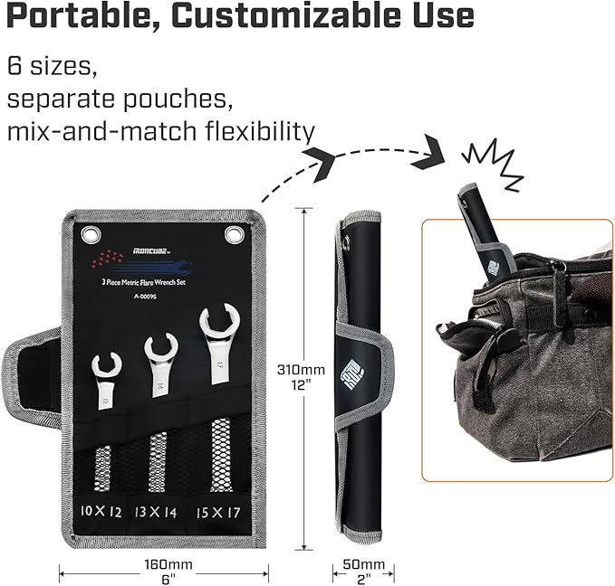 ironcube Flare Nut Wrench Set: 3-piece SAE 3/8'' to 11/16'' - Line Wrench Set for Removing or Replacing Nuts on Fuel, Brake or Air Conditioning Lines