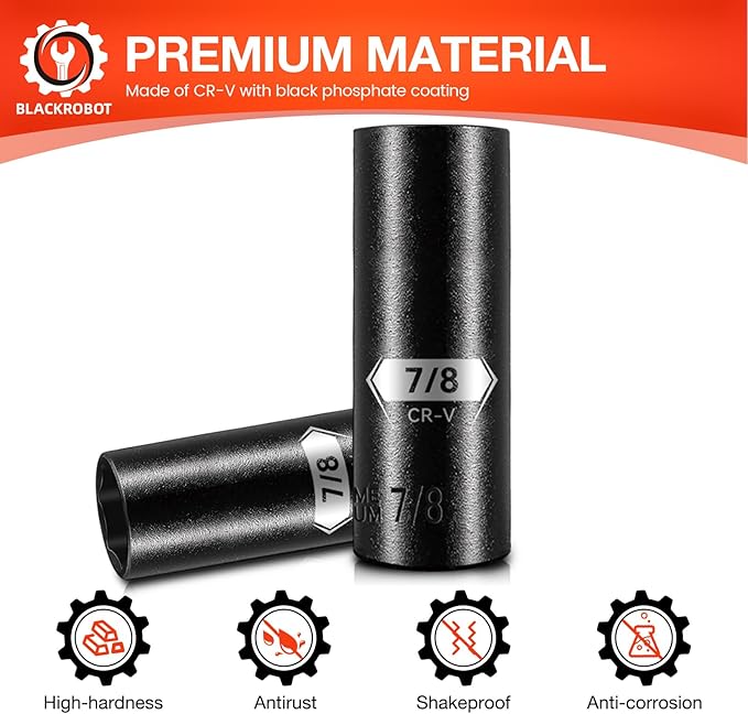 BLACKROBOT 1/2 Inch Drive 6-Point Deep Socket, 7/8 inch Deep Impact Socket, CR-V Steel
