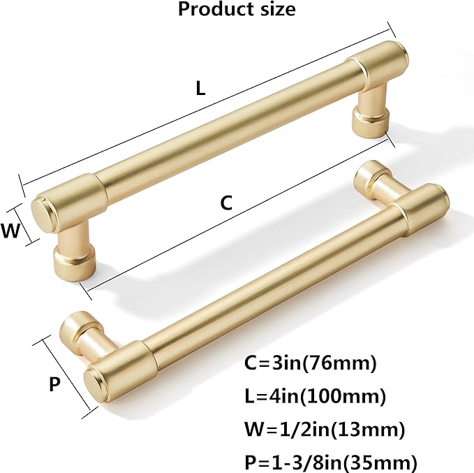 Khtumeware 10 Pack Brushed Gold Cabinet Handles 3" (76mm) Hole Center, Dresser Pulls, Brass Hardware for Drawers and Cabinets