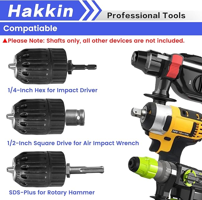 Hakkin 2-13mm Keyless Drill Chuck Adapter, 1/2-20Unf Drill Chuck with SDS-PLUS Shank Bit, 1/4" Hex Shank Lock Key, 1/2” Socket Square Female Adapter for Impact Driver, Electric Drill, Hammer Drill