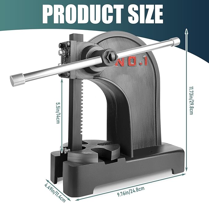 1 Ton Arbor Press with 3 Extra Drifts, Manual Arbor Press Reversible Ram, Heavy-duty Manual Desktop Arbor Press with Removable Steel Anvil 11.73" Height for Metal Cutting/Deforming (Black)