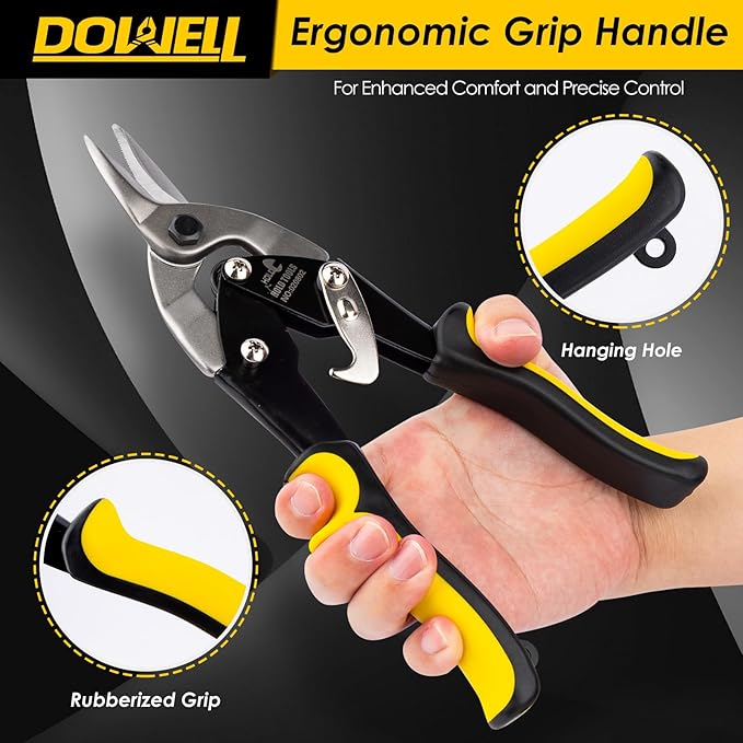 DOWELL 10 Inch Aviation Tin Snips Left, Heavy Duty Cut Metal Shears for Sheet Metal, Chrome Vanadium Steel Blade, Ideal for DIY Enthusiasts, Handymen and Industrial Repairs