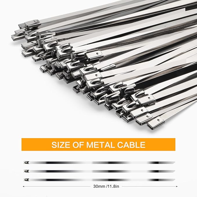 Metal Zip Ties 100pcs 11.8 inch 304 Stainless Steel Zip Ties Heavy Duty Multi-Purpose Self- Locking Cable Ties for Outdoor Fence, vehicles, Machinery, Exhaust Wrap,Farms, Pipes, Cable