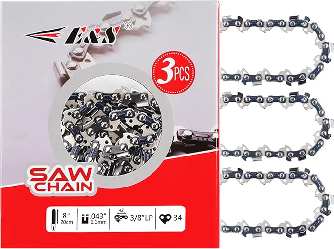 E & S 3 Pack 8 Inch Chainsaw Chain 3/8" LP Pitch .043" Gauge 34 Drive Links Semi-Chisel Chain Saw Chains for Husqvarna, Poulan, Craftsman, Greenworks and More Chainsaw Brands
