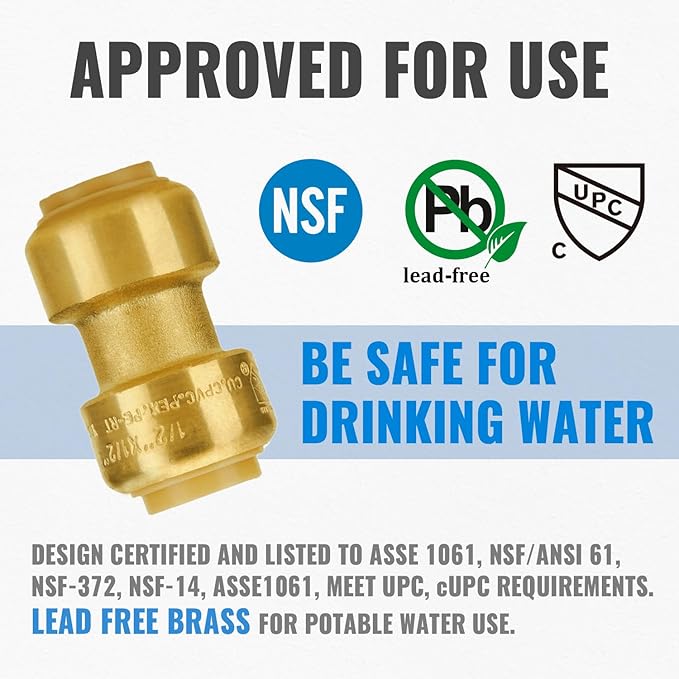 SUNGATOR Pushfit 1/2 Inch Coupling, Push Plumbing Fitting 1/2 Inch, No Lead Brass Push to Connect Pex Pipe, Copper, CPVC, with 1 Disconnect Clip, Pack of 4