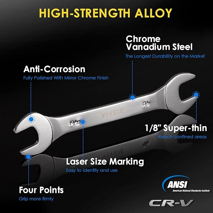 YIYEIE Super-Thin Open End Wrench Set, 9-Piece SAE, 1/4" to 1-1/16", Chrome Vanadium Steel With Mirror Polish, Ultra-Slim Wrench Set with Rolling Pouch