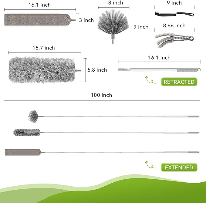 12-in-1 100-Inch Extendable Duster Kit–Multi-Tool Set (Multi-Angle Chenille/Microfiber/Window Blind/PP Panel) for Home/Office/Car