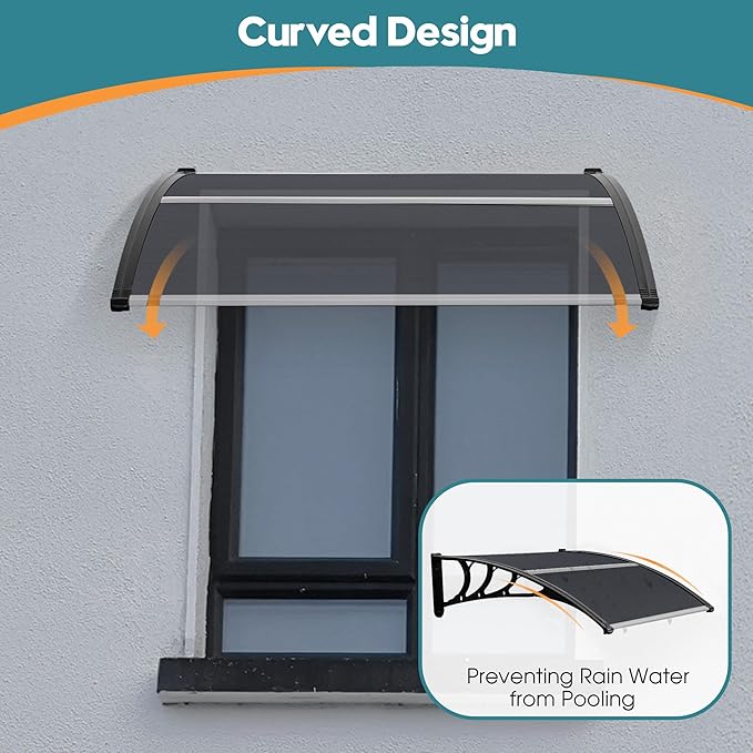 MCombo 39.8" x 37.8" Window Awning Outdoor Polycarbonate Hollow Sheet Door Patio Canopy, 6055-4040 (Grey Board with Black Bracketr)