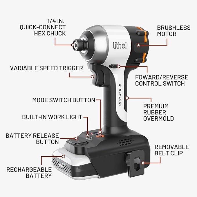 Litheli 20V Cordless Impact Driver Kit, 2035 in-lbs Max Torque, 1/4 in. Hex Power Drill/Driver with Battery