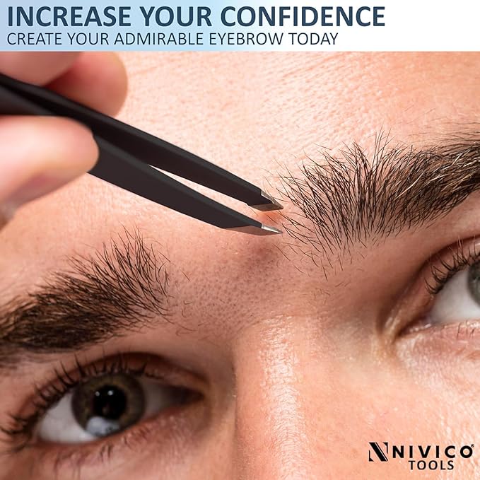 NIVICO Tweezers Set with Leather Pouch – Professional Stainless Steel Tweezers for Eyebrows Precision Facial Ingrown Hair Removal (Black)