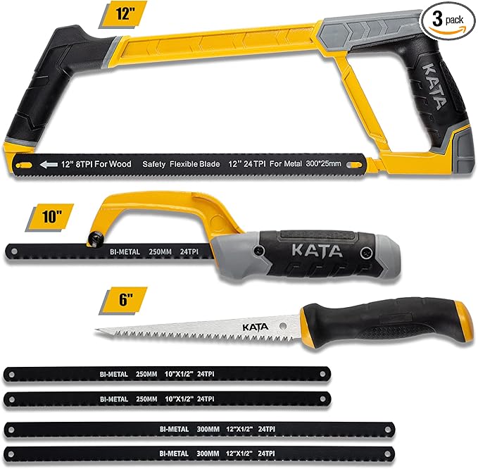 KATA Heavy Duty Hacksaw Frame Set, 12" Hack saw, 10" Mini Hacksaw and 6" Drywall Saw/Jab Saw, Extra 4pc Flexible Bi-Metal HSS Blades, Multi-purpose Handsaws Cutting for Metal, Wood, PVC Pipes
