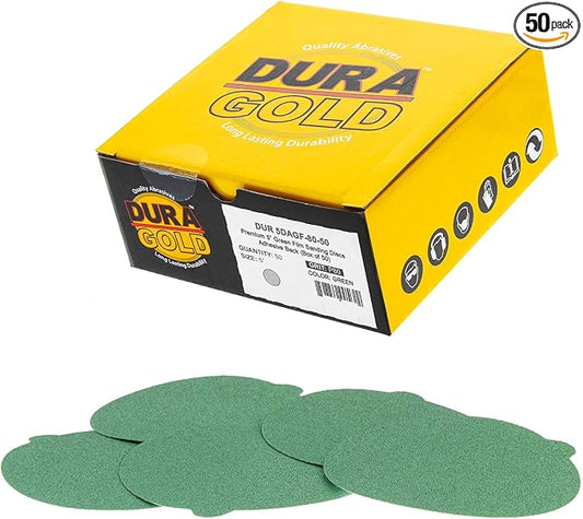 Dura-Gold Premium 5" Green Film PSA Sanding Discs - 80 Grit (Box of 50) - Film Back Self Adhesive Stickyback Sandpaper Discs for DA Sanders, Fast Cut Abrasive - Sand Automotive Paint Woodworking Wood