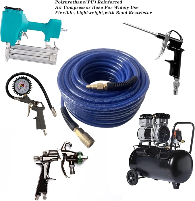 Air Hose 1/4 in x 100 ft, Polyurethane(PU), Reinforced Air Compressor Hose, Lightweight, Kink Resistant with 1/4??Industrial High Flow Quick Coupler&Plug, Bend Restrictors,300 PSI (100FT, Dark Blue)