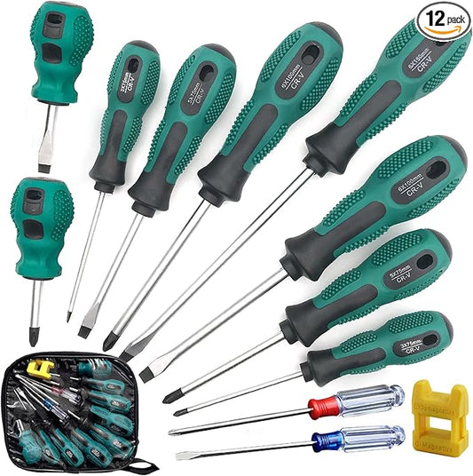 12-Piece Magnetic Screwdriver Set: 5 Phillips & 7 Flathead Slotted Precision with Case for DIY, Home Improvement, Electronics, Automotive‌