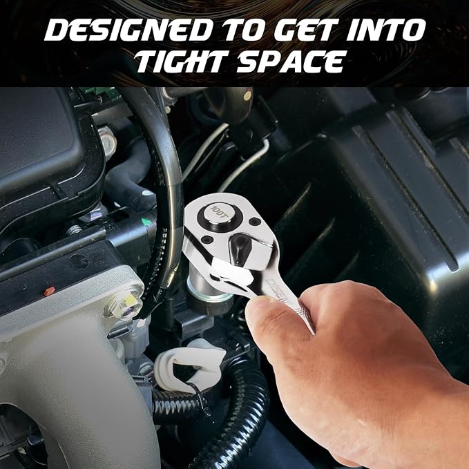 DISEN 3-Piece Stubby Ratchet Set ??1/4", 3/8", 1/2" Drive | 100-Tooth Ratchet with EVA Storage Tray | Quick Release Button | Non-Slip Grip | Reversible 3.6째 Design for Tight Spaces, Chrome Finish