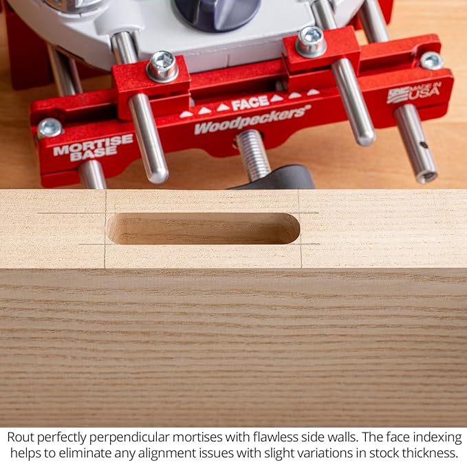 Woodpeckers Mortise Base, Dual-Fence Adjustable Router Base for Precise Mortising and Edge Guiding, Fits Plunge Routers with 5/16" Guide Rods, Aluminum & Stainless Construction, Made in USA MB-516