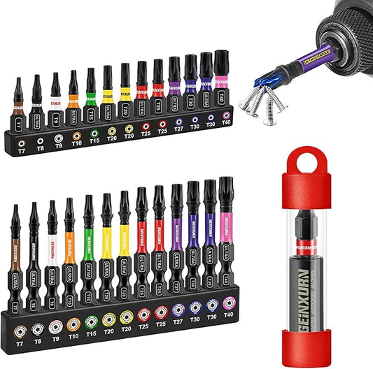 Impact Torx Screwdriver Bits Set,26Pcs 1?? 2?쒶agnetic S2 Steel Multi Star Driver Bits竊늇7-T40竊뎎nd 1Pc Bit Holder with Color Coded Base