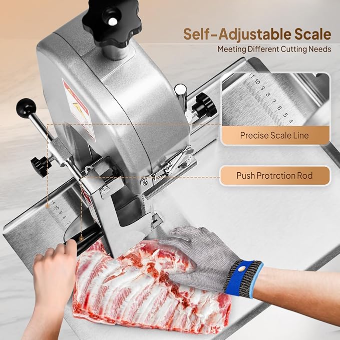 ROVSUN 750W Electric Bone Saw Machine,0.16-7.9Inch Cutting Thickness Frozen Meat Cutter with 6 Saw Blades, Commercial Bandsaw Machine Stainless Steel 18.5 x 12.4 In Table for Chicken Fish Beef