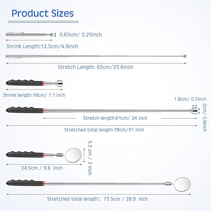 Patelai 4 Pieces Telescoping Magnet Pick up Tool Set Extendable Claw Grabber Tool Bendable Spring Telescoping Inspection Mirror 2 Lb/ 20 lb Magnetic Stick Gadget for Home Sink Drains Father's Day gift
