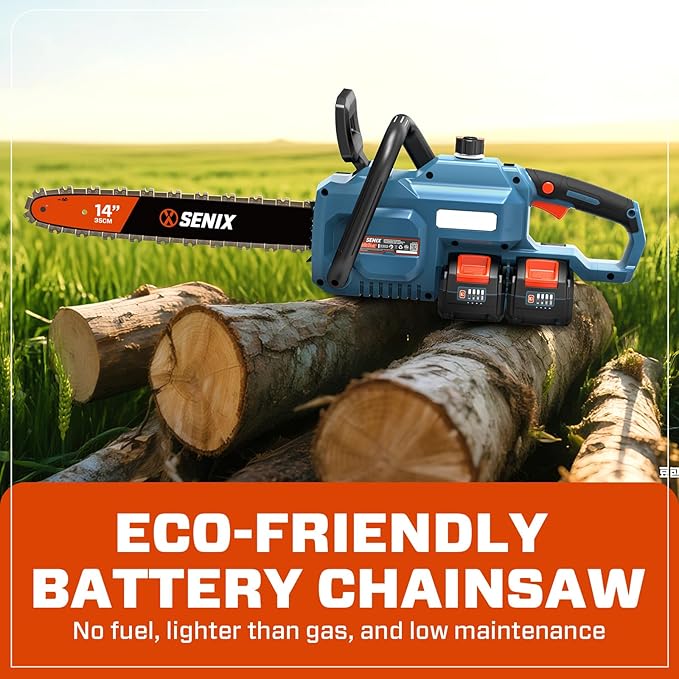 SENIX 40V 14" Electric Chainsaw, Cordless Battery Powered Chainsaw, Brushless Chain Saw, Includes 2x4Ah Batteries & Charger, Garden Tool for Trees, Pruning, Branch Cutting, Yard, Gift, CSX2-M2