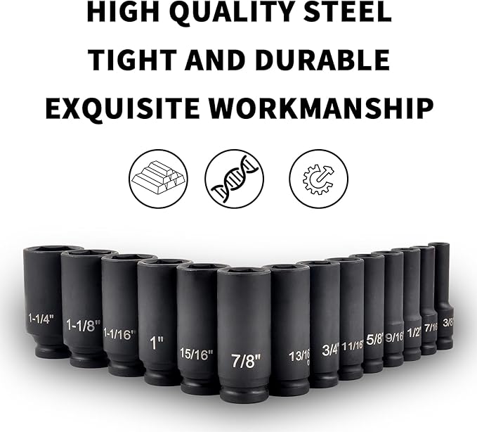 1/2" Impact Socket Set,14 Piece 6 Point Impact Set,Standard Impact Socket,SAE Sizes(3/8,7/16, 1/2, 9/16, 5/8, 11/16, 3/4, 13/16, 7/8, 15/16, 1, 1-1/16, 1-1/8, 1-1/4'') Deep Socket Set 1/2 Drive