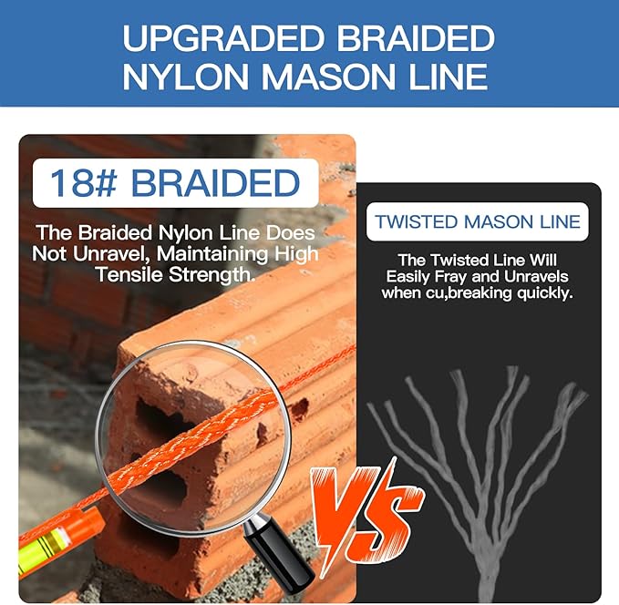 Orange Mason Line String with Post & Pipe Level & 5 Line Levels, #18 540 Feet Braided Construction Nylon Line,String Level Line Kit for Gardening Or Masonry Tools, Kite Twine String or DIY