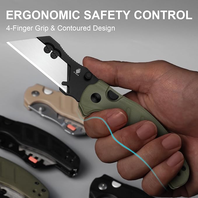 Kizer C01C Uti 1 (Dual-screw Version) Utility Knife, Button Liner Lock Box Cutter EDC Pocket Knife with 5PCS Razor Blades, Green G10 Handle Small Folding Knives with Clip for Men Women, V3488.29JSA2