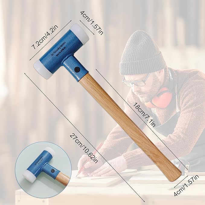 Dead Blow Nylon Hammer with Walnut Handle, Non-Marring Dual-Face Mallet with Steel Shot Core for Tile & Flooring Installation, Metalworking, Mechanical Repair and Assembly Tasks (Blue)