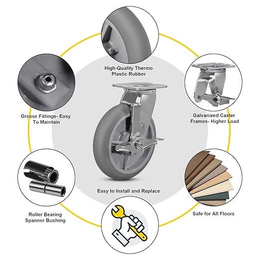 8inch Caster Wheels, Thermoplastic Rubber Wheels(Crown Tread) with Steel Plate, Heavy Duty Casters Set of 4-2800Lbs Capacity (2 Brake & 2 Swivel)