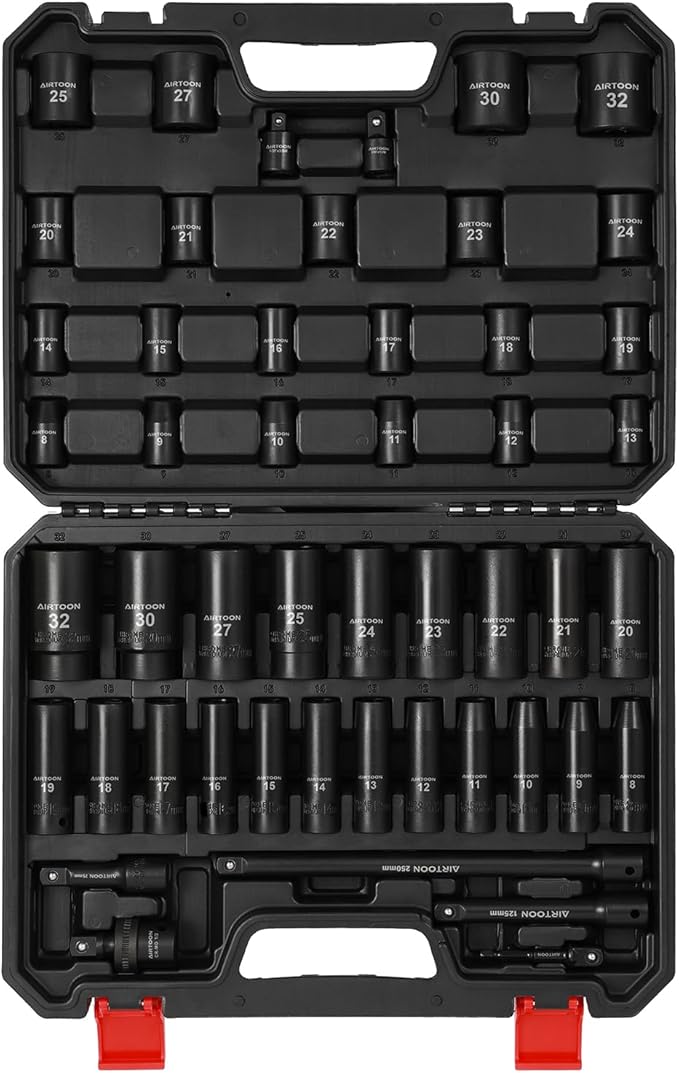 AIRTOON 1/2-Inch Drive Impact Socket Set, 49 Piece Deep & Shallow Metric Socket Set 8mm to 32mm, 6 Point, CR-V Steel for Auto Repair, Easy-to-Read Size Markings, Rugged Construction, Storage Case