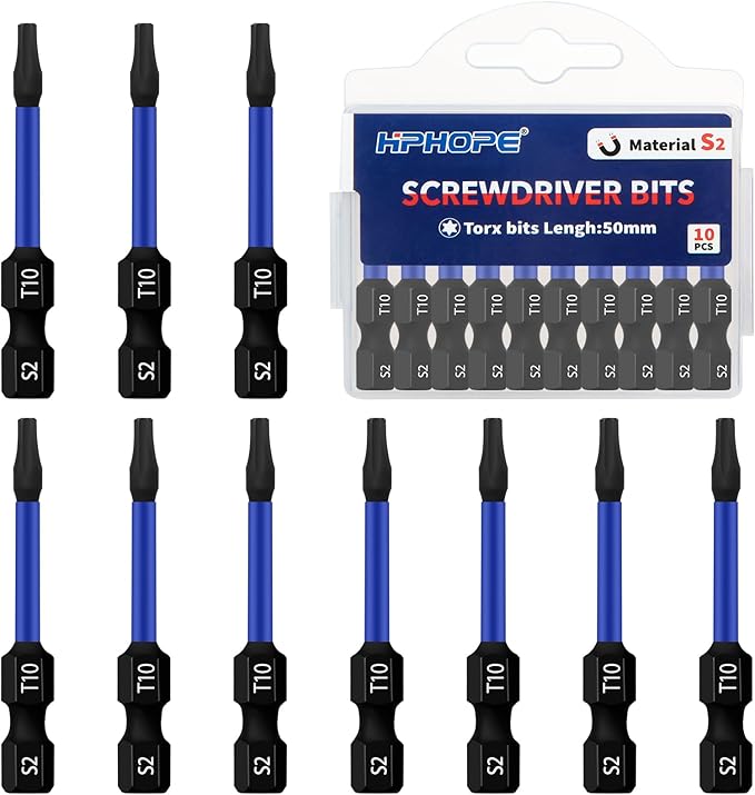 HPHOPE T10 Screwdriver Bit Set 10Pcs, Torx Bits T10, 1/4" Hexagon Bit, Length: 50mm