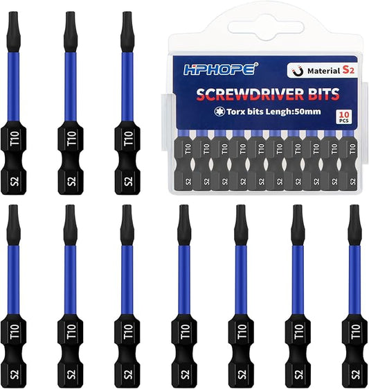 HPHOPE T10 Screwdriver Bit Set 10Pcs, Torx Bits T10, 1/4" Hexagon Bit, Length: 50mm